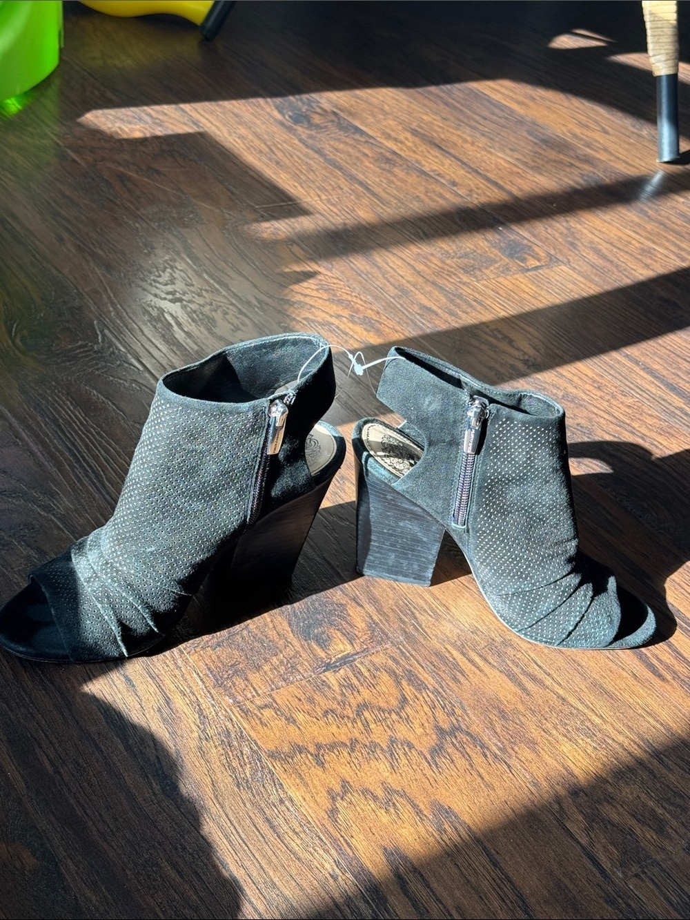 Vince Camuto Black Suede Peep-Toe Block Heel Booties - Picture 4 of 6